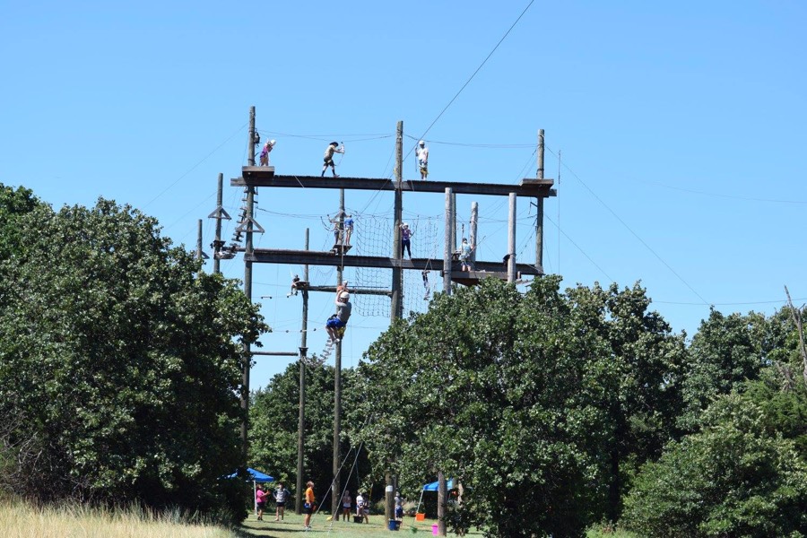 Students participating in the ropes course